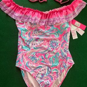 Lilly Pulitzer Pink Fiesta Ruffle Shoulder One Piece Swimsuit Size 14 NWT